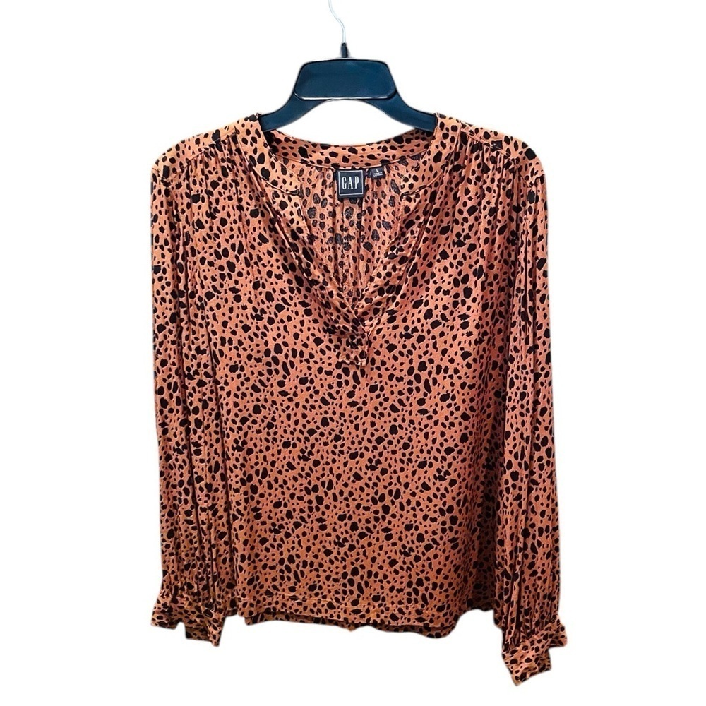GAP long sleeve leopard print v-neck pullover blouse SZ L brown black neutral